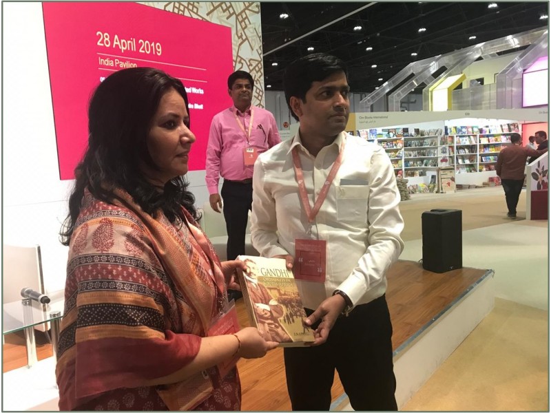 Presentation of Publication Divisions book Gandhi Ordained In South Africa  to Ms Smitanbsp Pant Dy Chief of Indian Mission Abu Dhabi UAE during Abu Dhabi International Book Fair 2019Date 28 April 2019Place  Abu Dhabi UAEnbsp